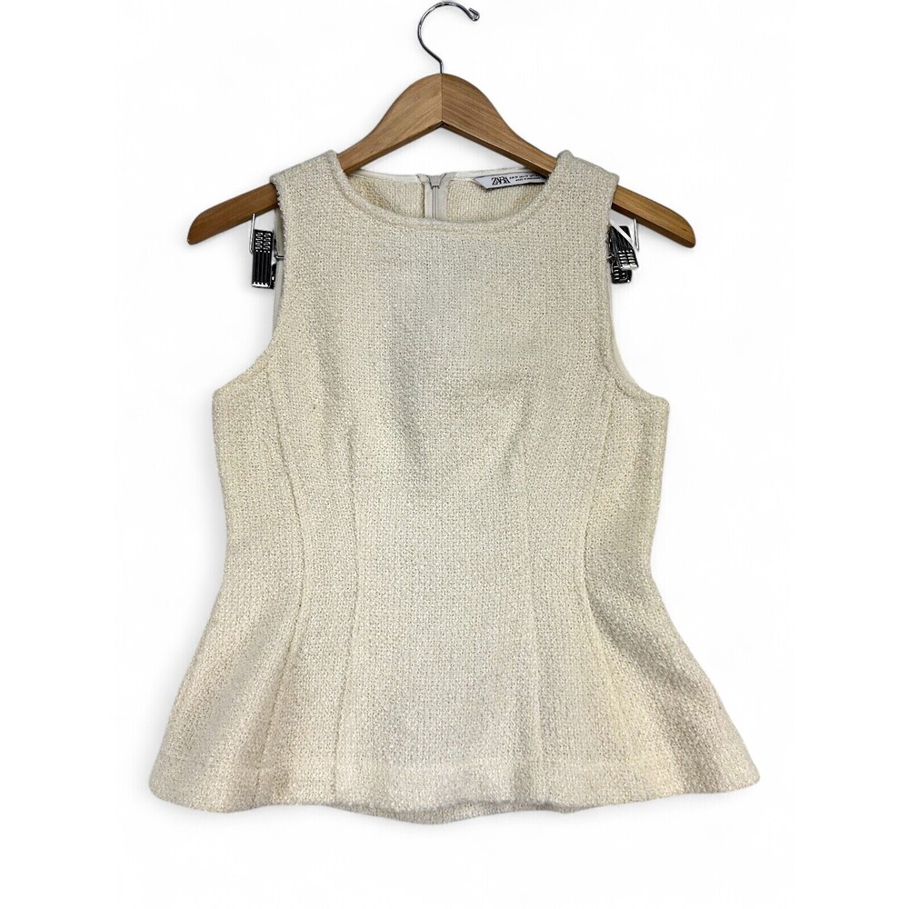 Zara Cream Boucl Peplum Sleeveless Top M